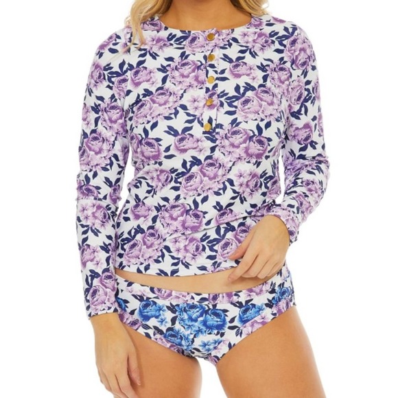 Nicole Miller Other - Purple Floral Rashguard & Bikini Bottoms - L